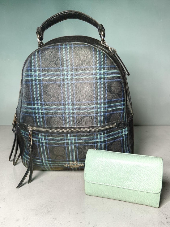 Coach Handbags - Coach Jordyn  Plaid Signature Leather Medium Backpack in Black/Blue,Free WALLET